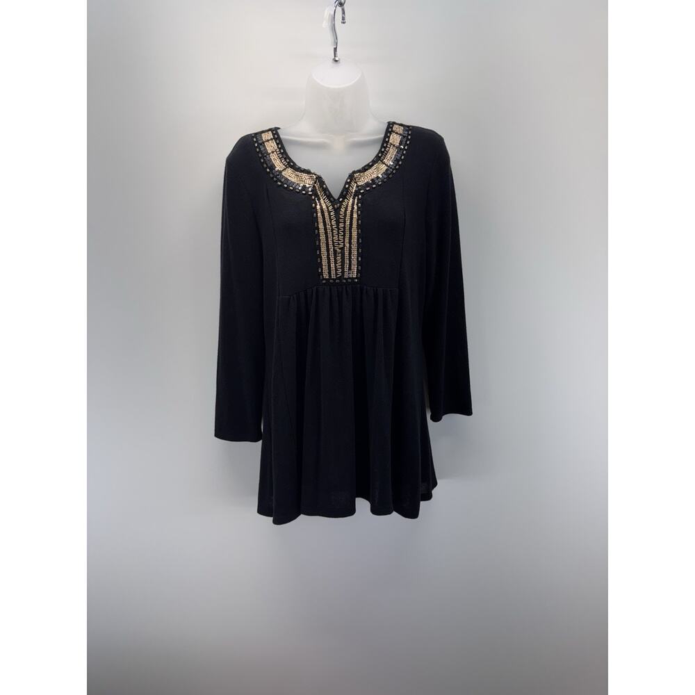 Dressbarn Black Long Sleeve Beaded V Neck Blouse Top Women’s Size M New With Tag